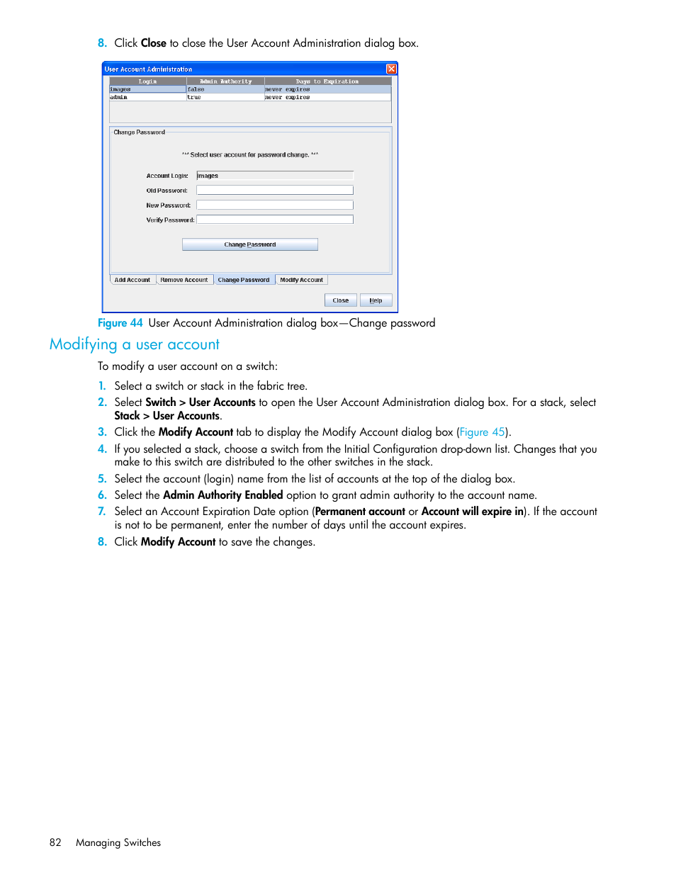 Modifying a user account | HP H-series Enterprise Fabric Management Suite Software User Manual | Page 82 / 160