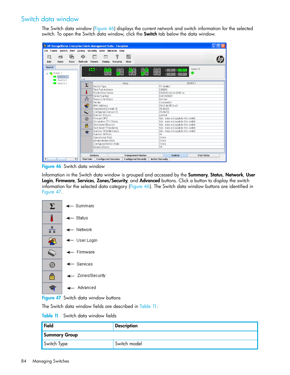 Switch data window, Figure 46 switch data window, Figure 47 switch data window buttons | Table 11 switch data window fields, 46 switch data window, 47 switch data window buttons, 11 switch data window fields | HP H-series Enterprise Fabric Management Suite Software User Manual | Page 84 / 160