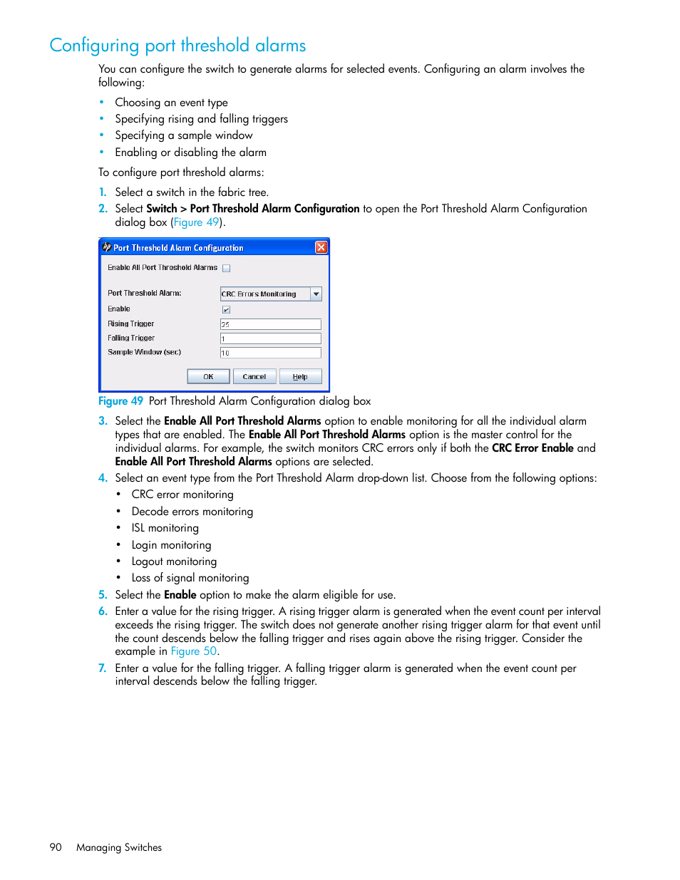 Configuring port threshold alarms, 49 port threshold alarm configuration dialog box | HP H-series Enterprise Fabric Management Suite Software User Manual | Page 90 / 160