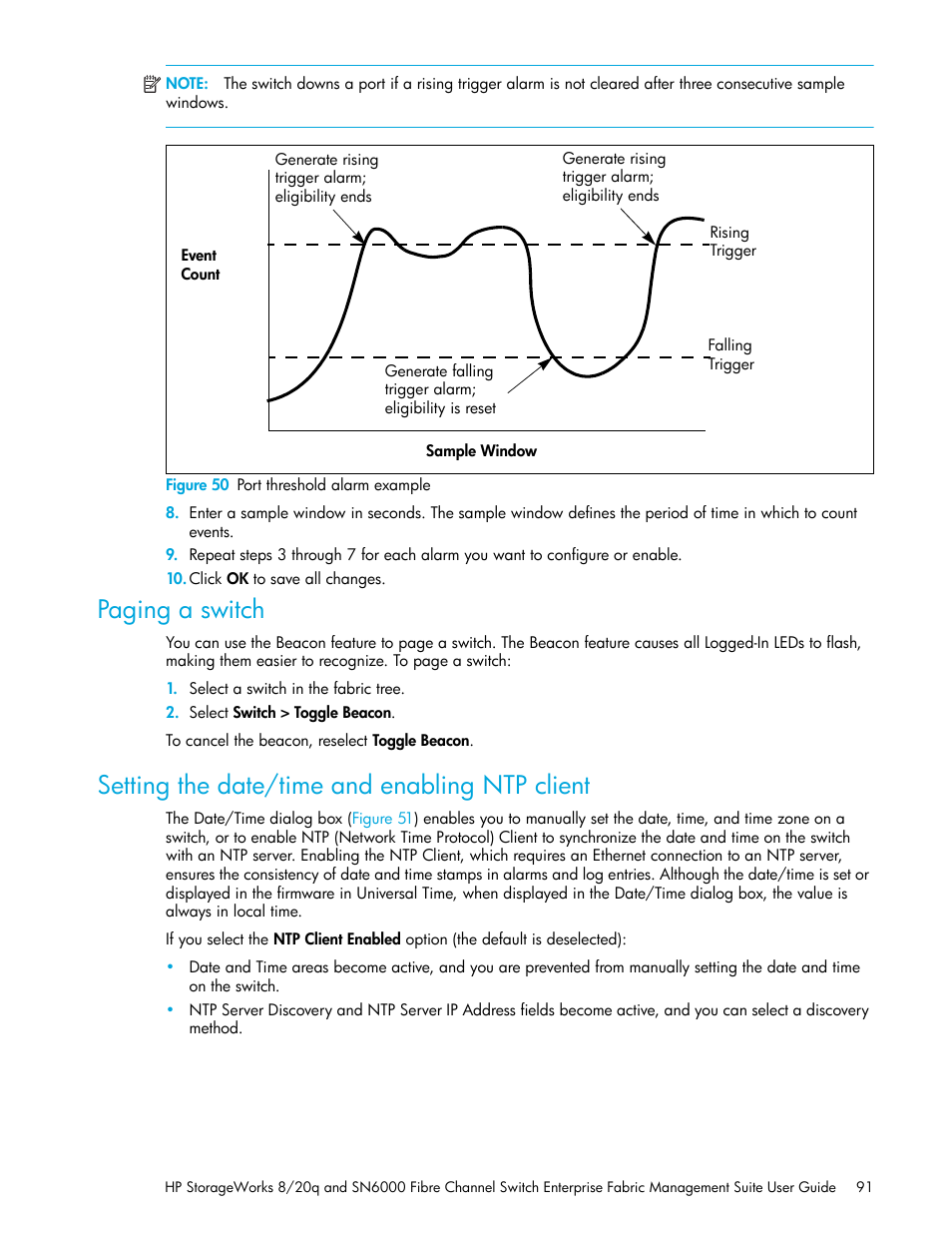 Figure 50 port threshold alarm example, Paging a switch, Setting the date/time and enabling ntp client | 50 port threshold alarm example | HP H-series Enterprise Fabric Management Suite Software User Manual | Page 91 / 160