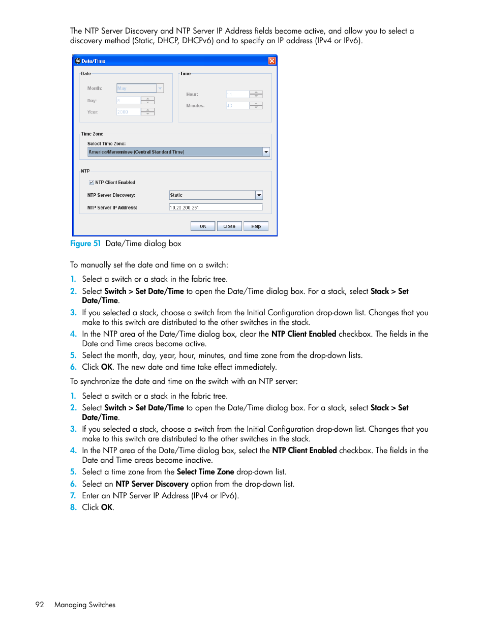 Figure 51 date/time dialog box, 51 date/time dialog box | HP H-series Enterprise Fabric Management Suite Software User Manual | Page 92 / 160