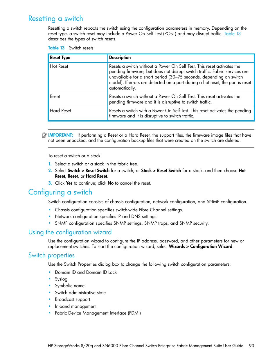 Resetting a switch, Table 13 switch resets, Configuring a switch | Using the configuration wizard, Switch properties, 13 switch resets | HP H-series Enterprise Fabric Management Suite Software User Manual | Page 93 / 160