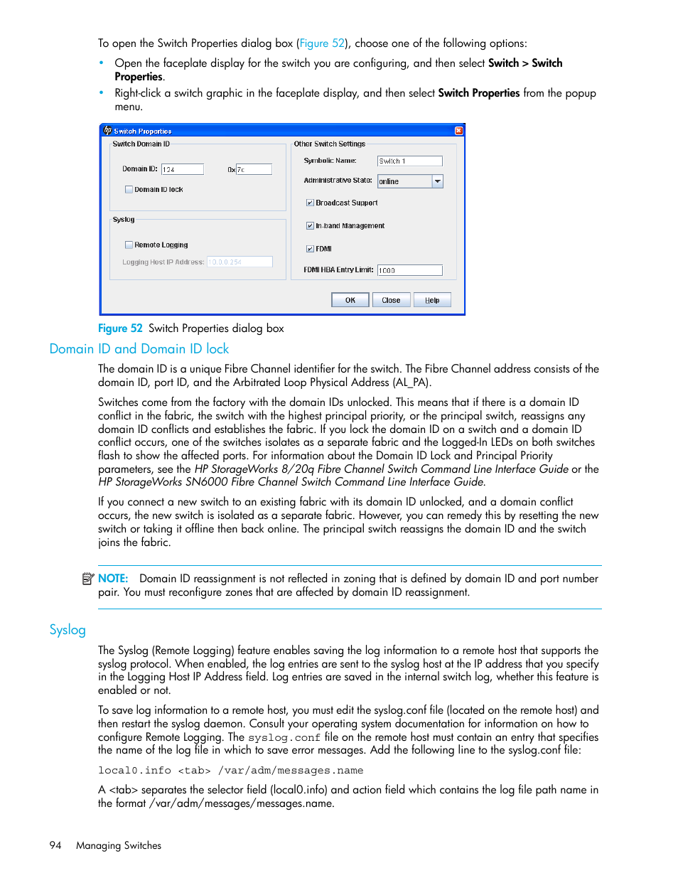 Figure 52 switch properties dialog box, Domain id and domain id lock, Syslog | 52 switch properties dialog box | HP H-series Enterprise Fabric Management Suite Software User Manual | Page 94 / 160