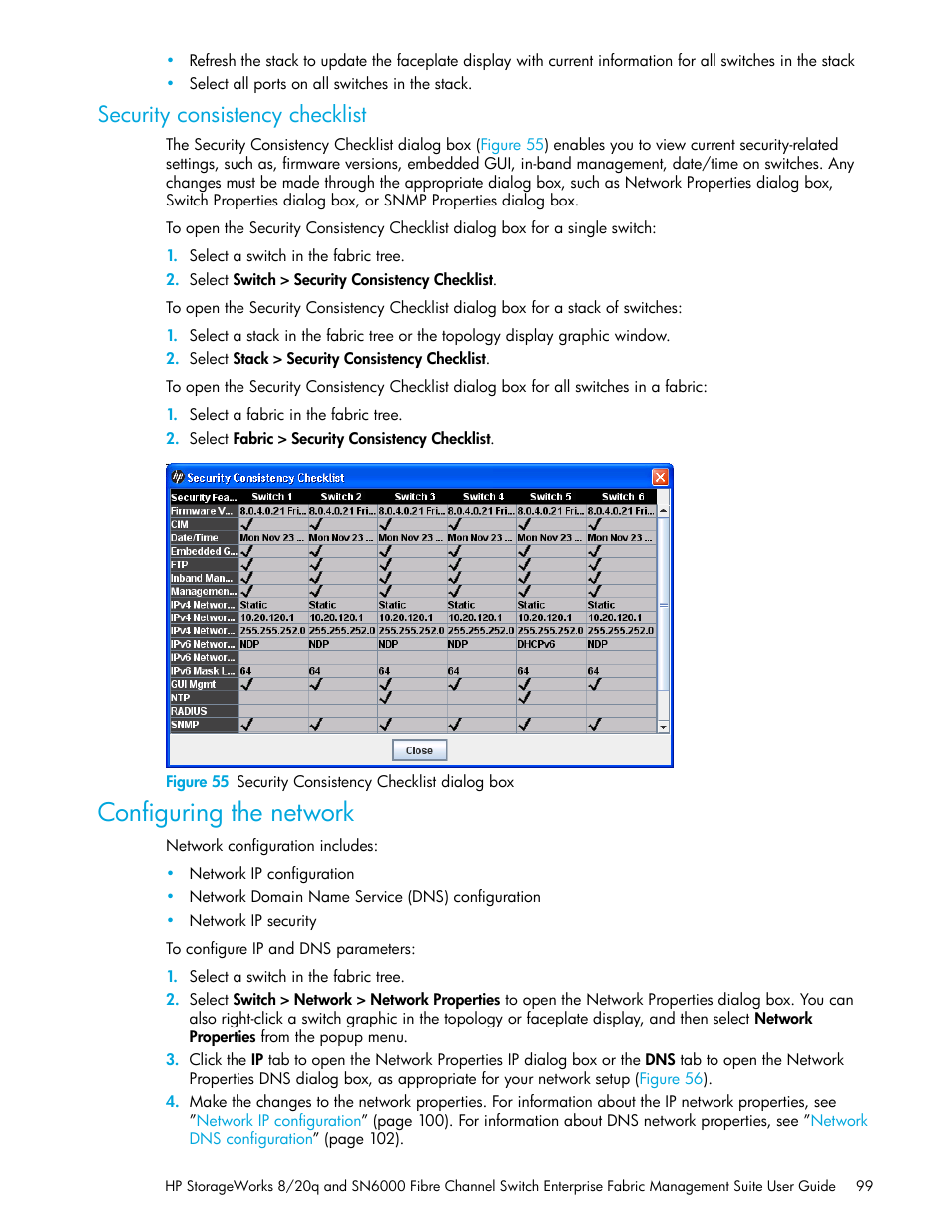 Security consistency checklist, Configuring the network, 55 security consistency checklist dialog box | HP H-series Enterprise Fabric Management Suite Software User Manual | Page 99 / 160