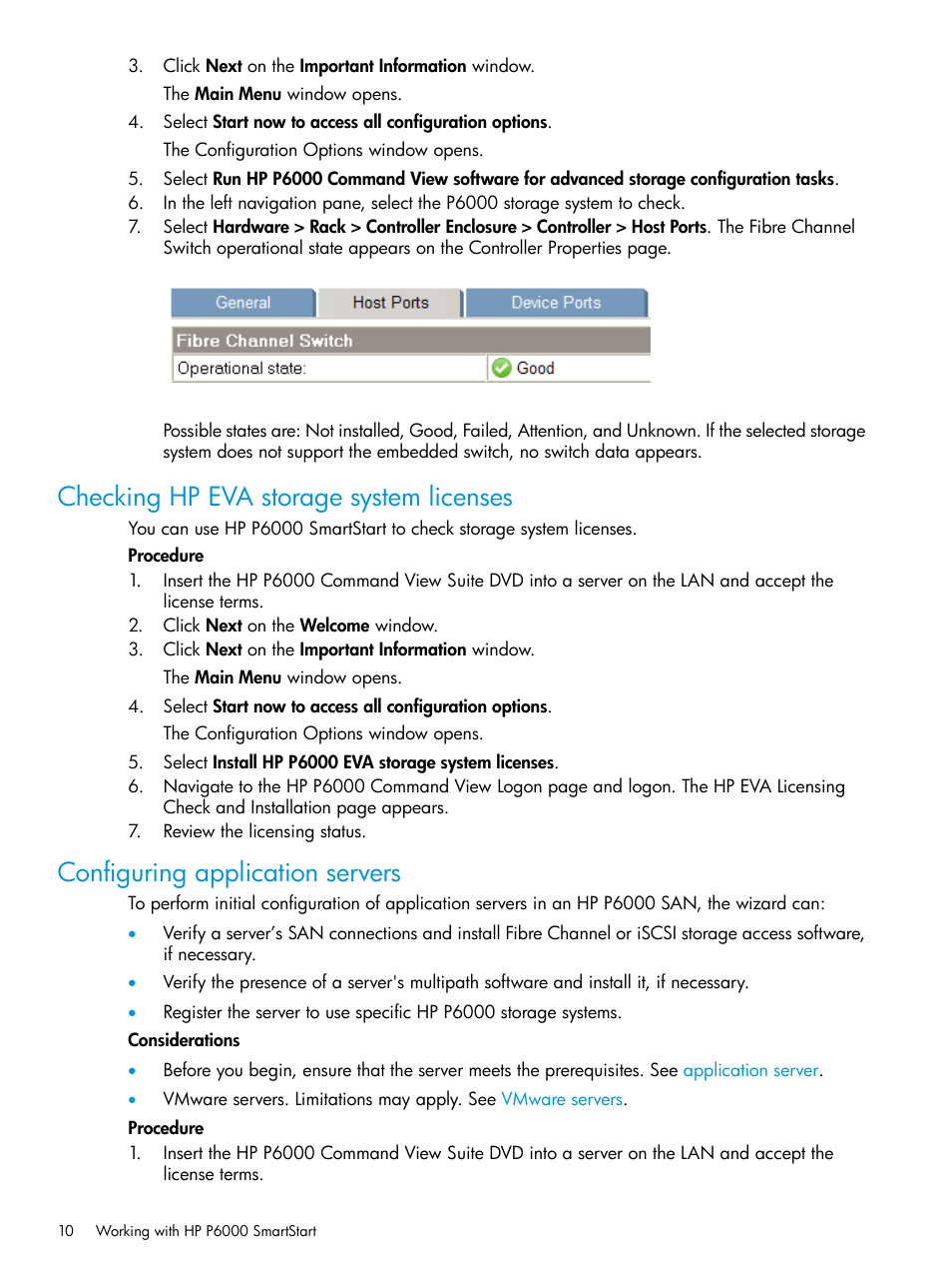 Checking hp eva storage system licenses, Configuring application servers | HP Command View EVA Software User Manual | Page 10 / 44