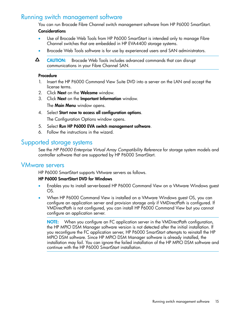 Running switch management software, Supported storage systems, Vmware servers | HP Command View EVA Software User Manual | Page 15 / 44