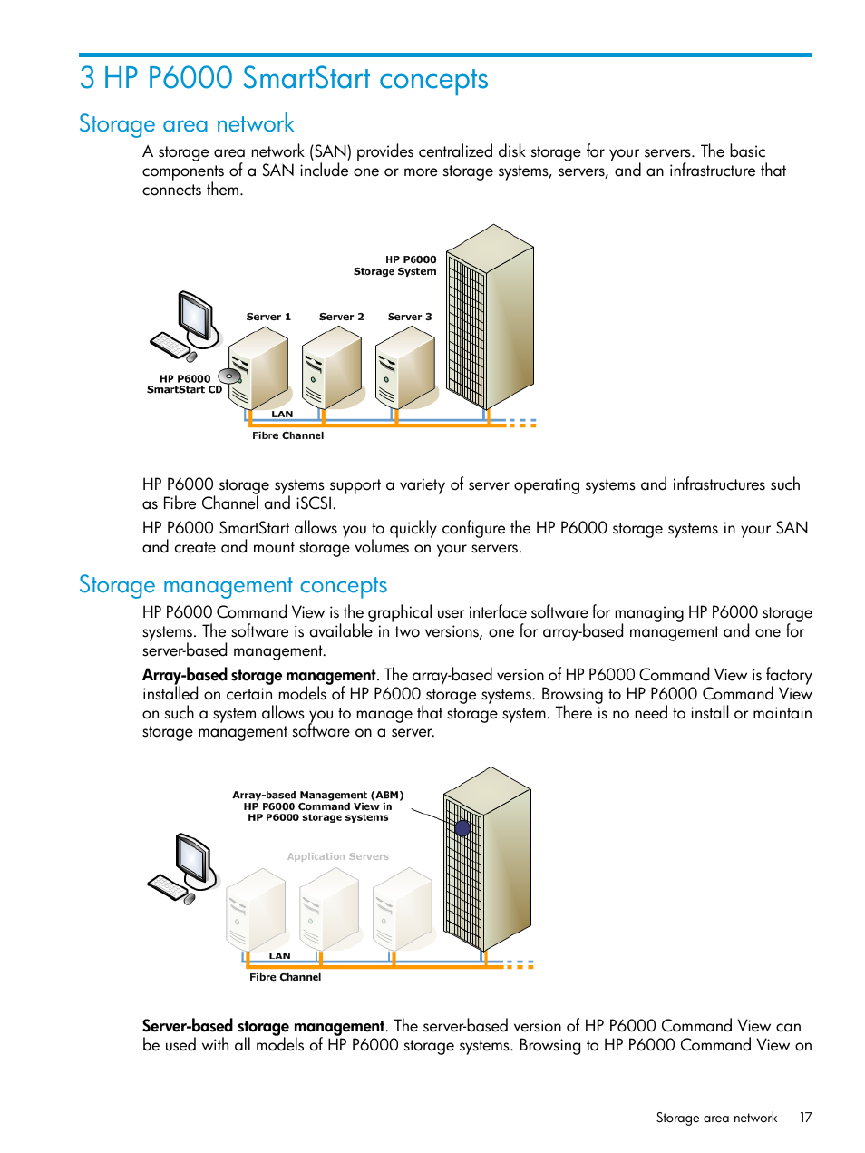 3 hp p6000 smartstart concepts, Storage area network, Storage management concepts | Storage area network storage management concepts | HP Command View EVA Software User Manual | Page 17 / 44