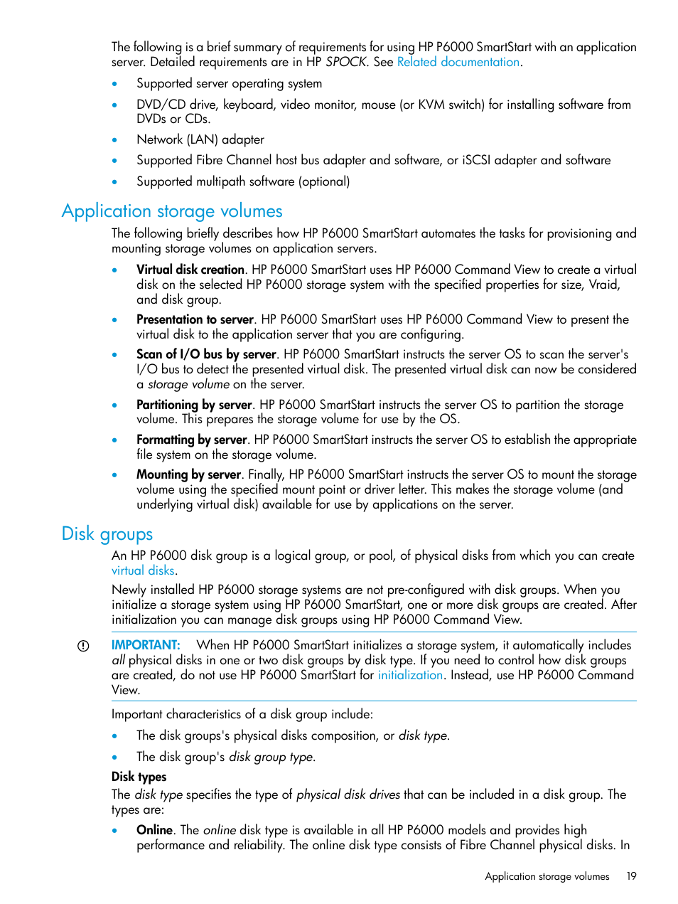 Application storage volumes, Disk groups, Application storage volumes disk groups | Disk group types | HP Command View EVA Software User Manual | Page 19 / 44