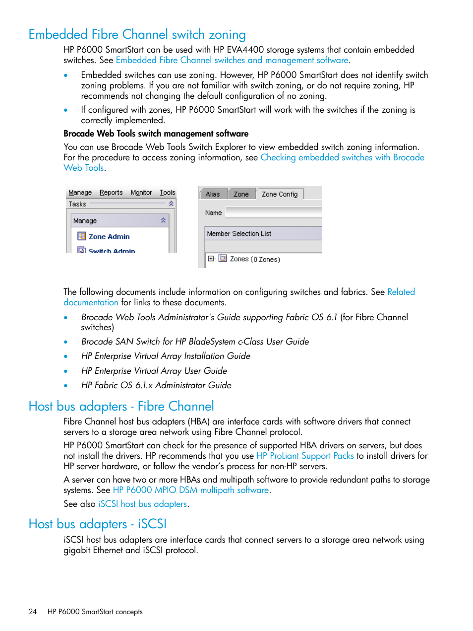 Embedded fibre channel switch zoning, Host bus adapters - fibre channel, Host bus adapters - iscsi | Embedded fibre channel, Switch zoning | HP Command View EVA Software User Manual | Page 24 / 44