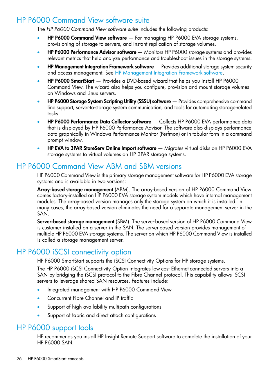 Hp p6000 command view software suite, Hp p6000 command view abm and sbm versions, Hp p6000 iscsi connectivity option | Hp p6000 support tools, Hp p6000 command view, Array-based management | HP Command View EVA Software User Manual | Page 26 / 44