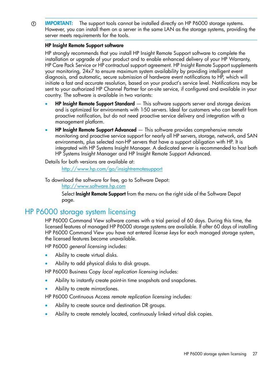 Hp p6000 storage system licensing, Hp p6000 storage system licenses | HP Command View EVA Software User Manual | Page 27 / 44