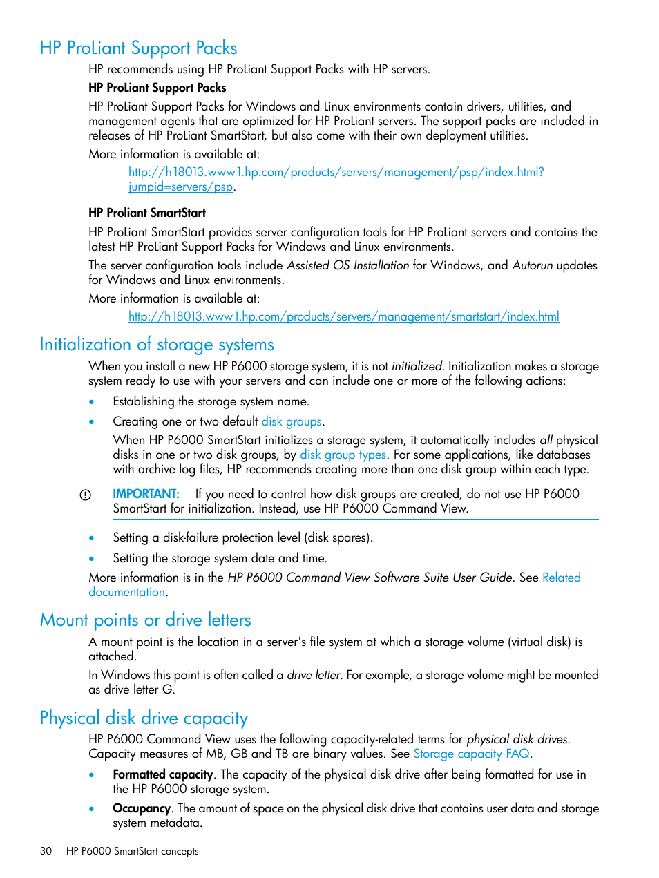 Hp proliant support packs, Initialization of storage systems, Mount points or drive letters | Physical disk drive capacity, Initialization | HP Command View EVA Software User Manual | Page 30 / 44