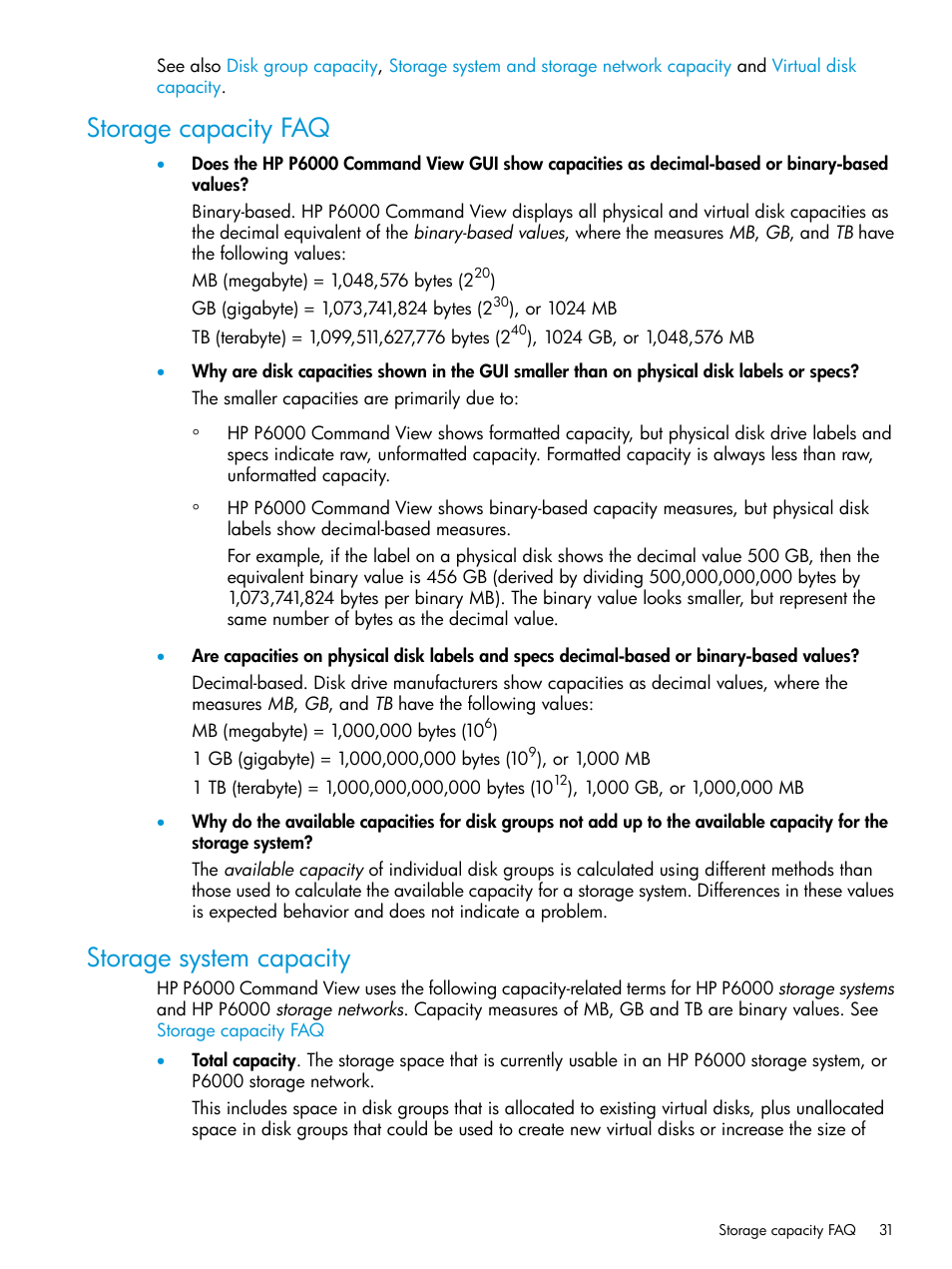 Storage capacity faq, Storage system capacity, Storage capacity faq storage system capacity | Storage system and storage network capacity | HP Command View EVA Software User Manual | Page 31 / 44