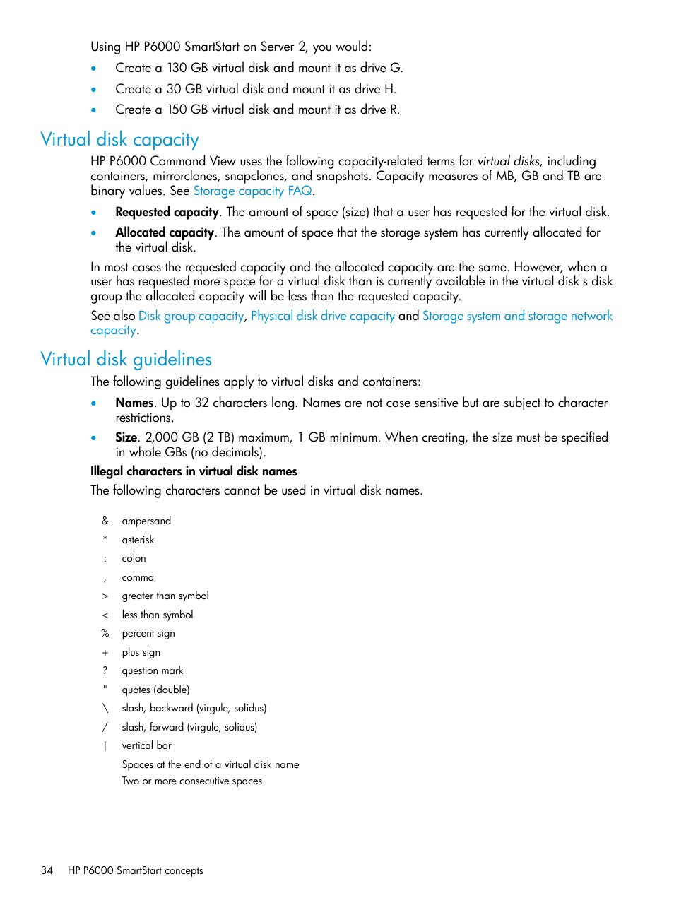 Virtual disk capacity, Virtual disk guidelines, Virtual disk capacity virtual disk guidelines | Virtual, Disk capacity, Virtual disk, Capacity | HP Command View EVA Software User Manual | Page 34 / 44