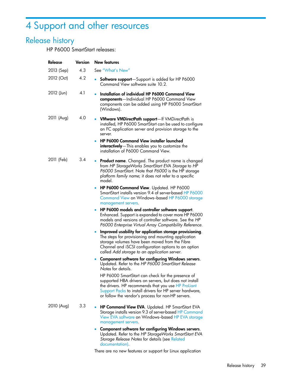 4 support and other resources, Release history | HP Command View EVA Software User Manual | Page 39 / 44