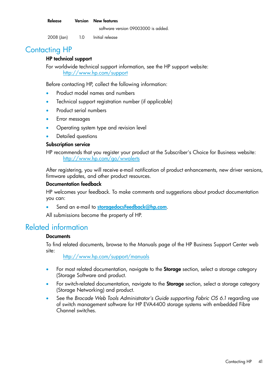 Contacting hp, Related information, Contacting hp related information | Related documentation, Related, Documentation, Documentation) | HP Command View EVA Software User Manual | Page 41 / 44