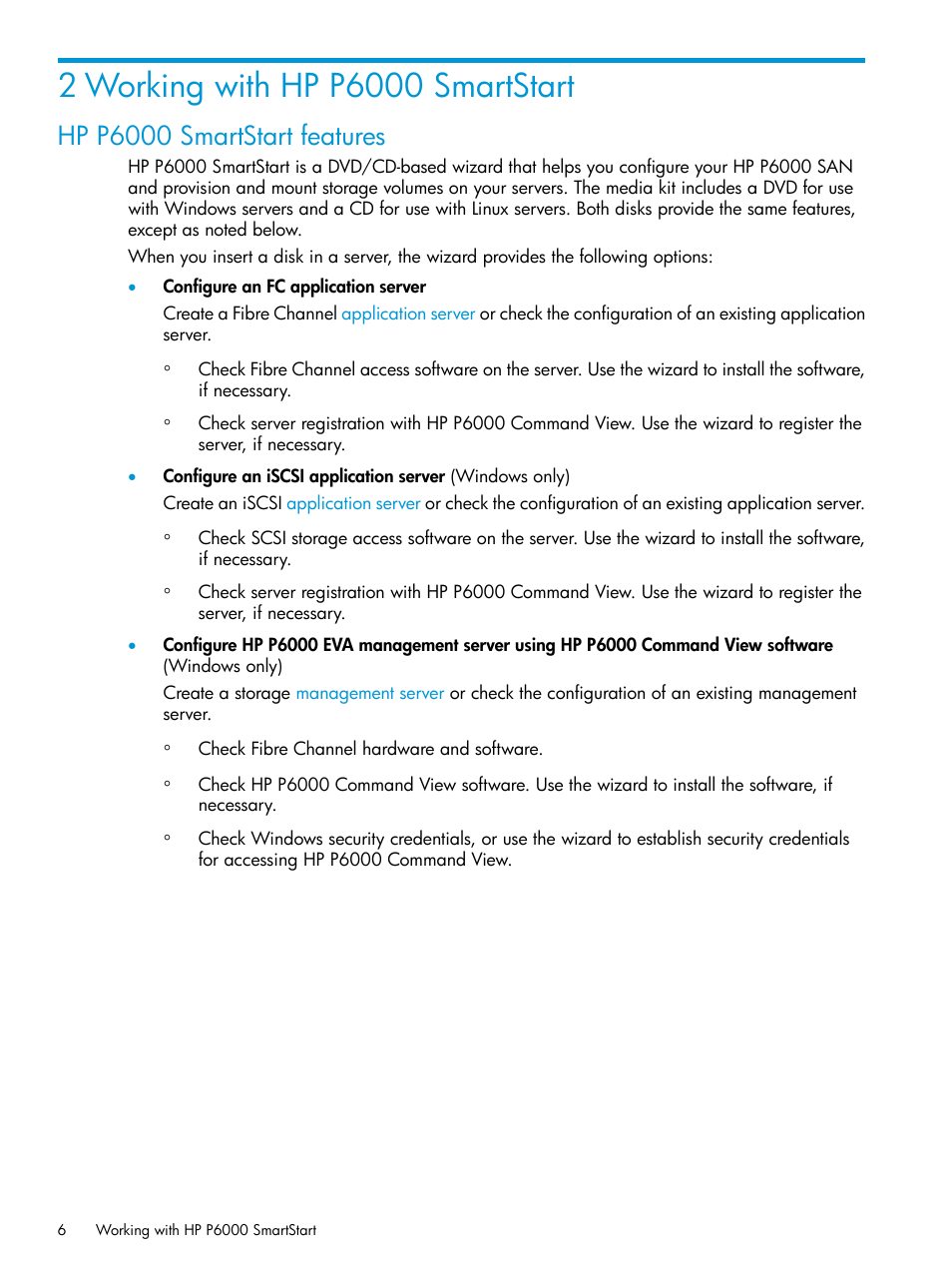2 working with hp p6000 smartstart, Hp p6000 smartstart features | HP Command View EVA Software User Manual | Page 6 / 44