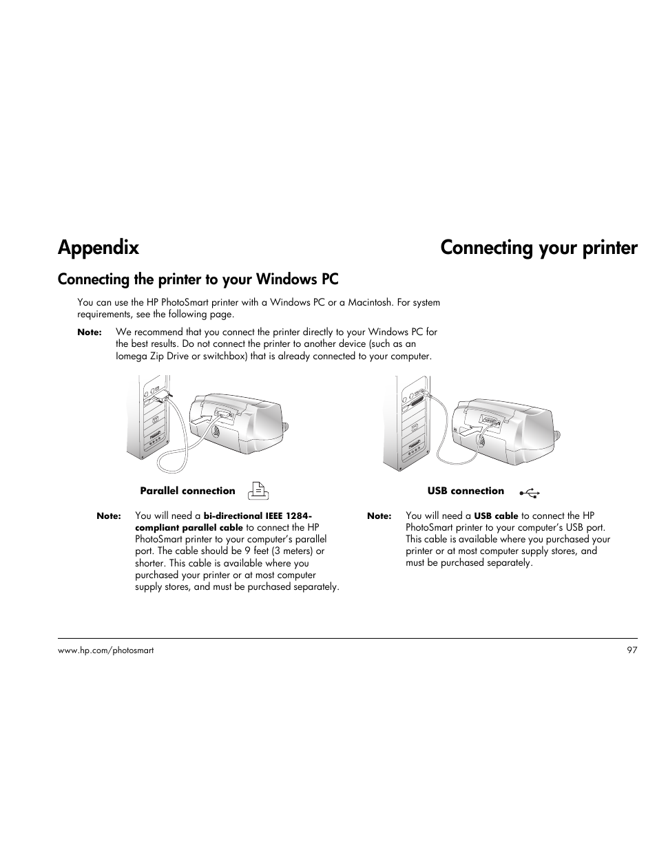 Appendix connecting your printer, Connecting the printer to your windows pc, Connecting | HP Photosmart p1000 1000 Printer User Manual | Page 103 / 113