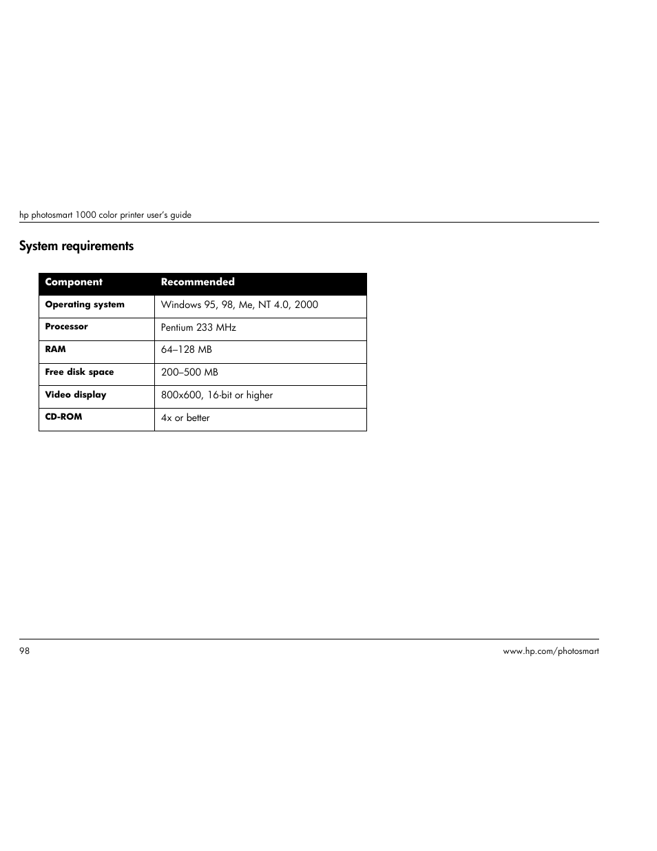 System requirements | HP Photosmart p1000 1000 Printer User Manual | Page 104 / 113