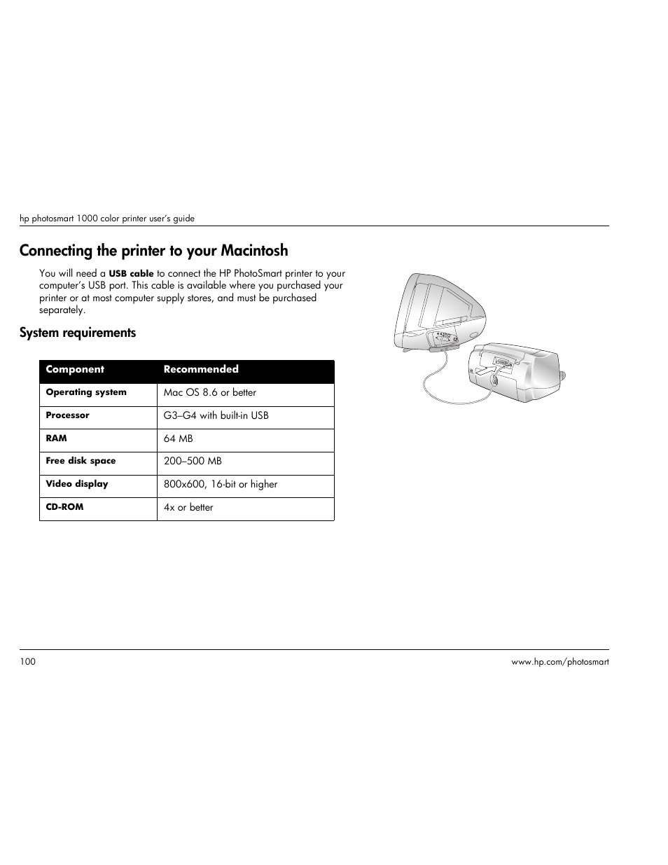 Connecting the printer to your macintosh, System requirements | HP Photosmart p1000 1000 Printer User Manual | Page 106 / 113