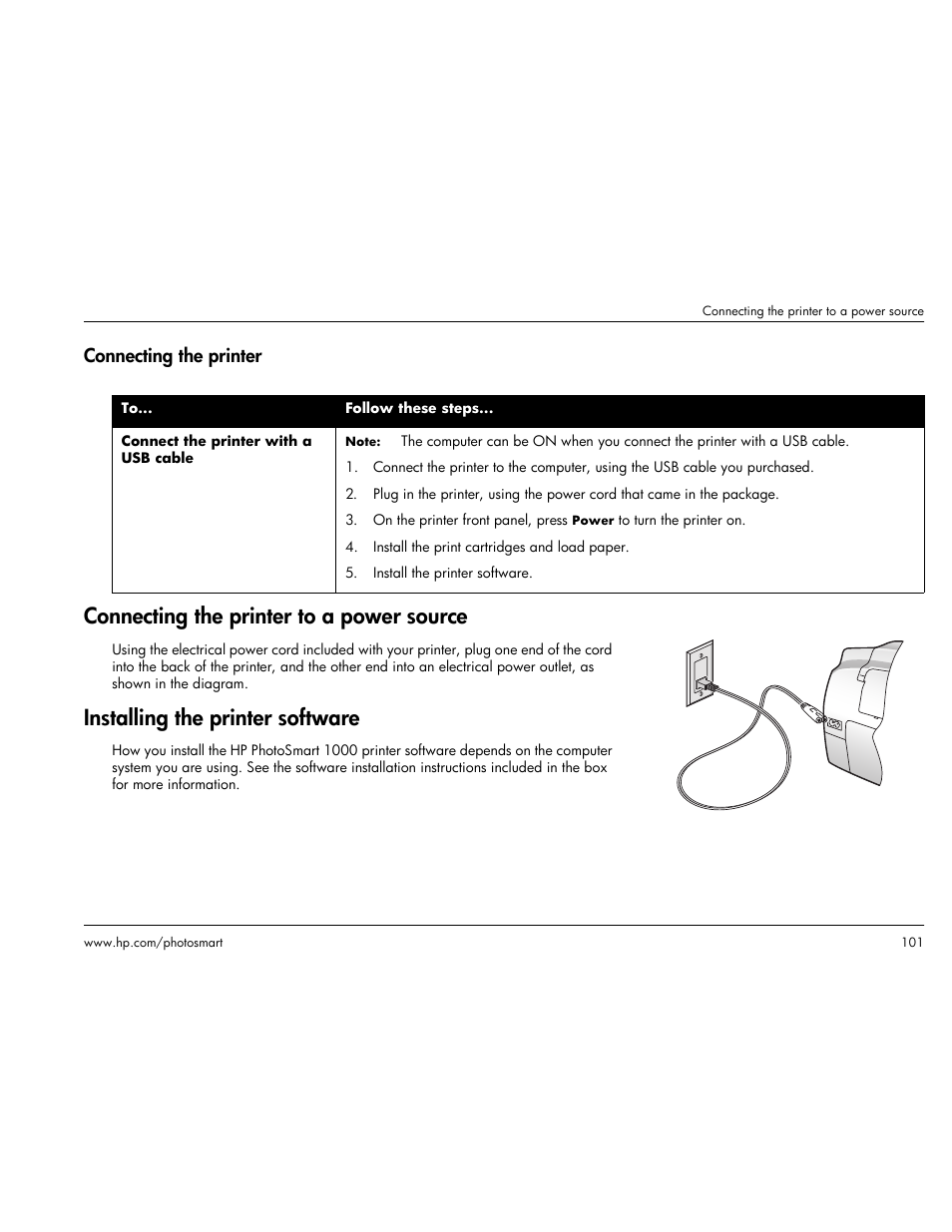 Connecting the printer, Connecting the printer to a power source, Installing the printer software | HP Photosmart p1000 1000 Printer User Manual | Page 107 / 113