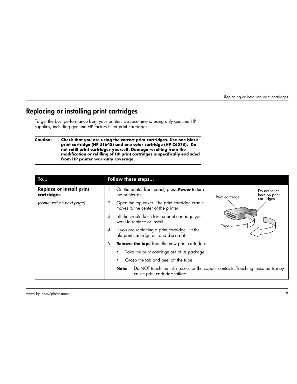 Replacing or installing print cartridges | HP Photosmart p1000 1000 Printer User Manual | Page 15 / 113