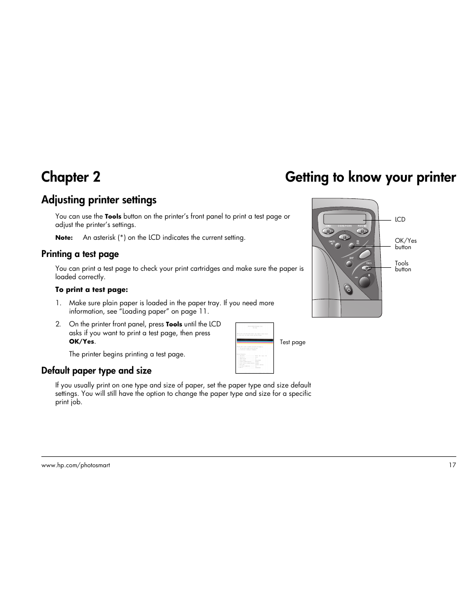 Chapter 2 getting to know your printer, Adjusting printer settings, Default paper type and size | HP Photosmart p1000 1000 Printer User Manual | Page 23 / 113