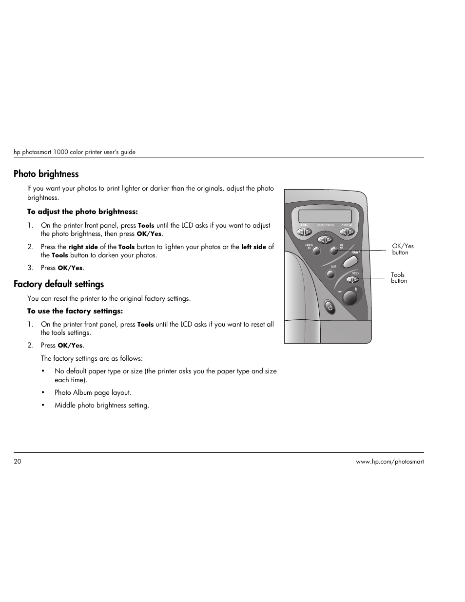 Photo brightness, Factory default settings, Photo brightness factory default settings | Two-sided printing from your windows pc | HP Photosmart p1000 1000 Printer User Manual | Page 26 / 113