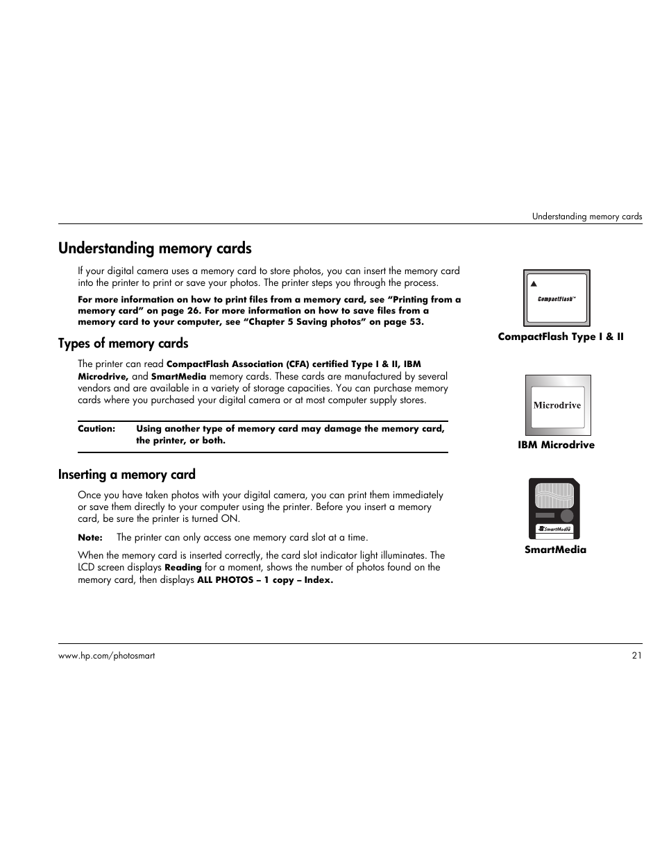 Understanding memory cards, Types of memory cards, Inserting a memory card | Types of memory cards inserting a memory card | HP Photosmart p1000 1000 Printer User Manual | Page 27 / 113