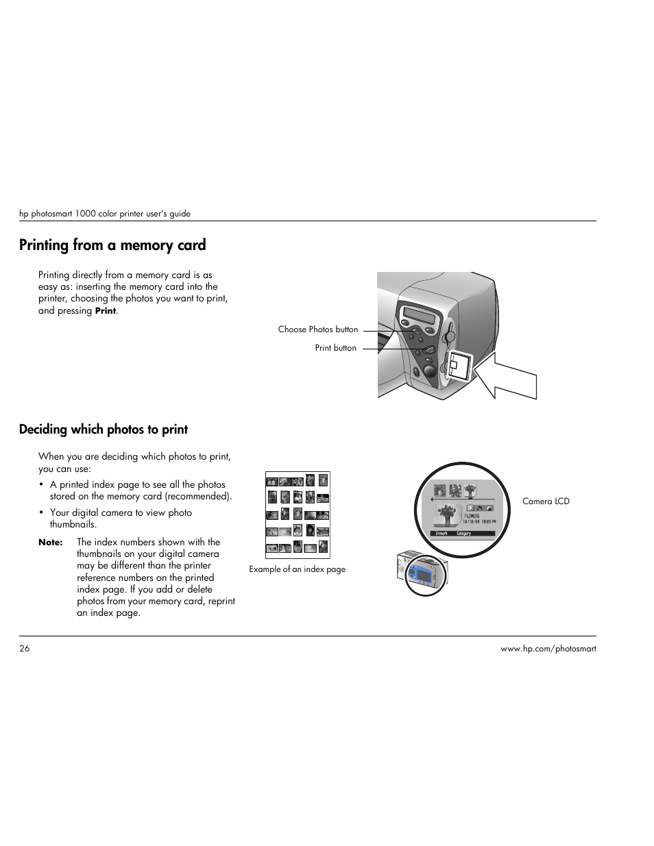 Printing from a memory card, Deciding which photos to print, Printing from a memory | HP Photosmart p1000 1000 Printer User Manual | Page 32 / 113