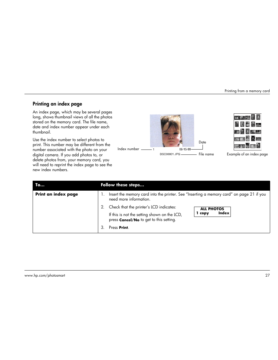 Printing an index page | HP Photosmart p1000 1000 Printer User Manual | Page 33 / 113