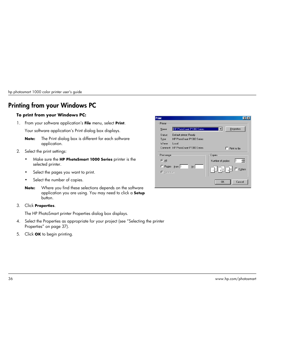 Printing from your windows pc | HP Photosmart p1000 1000 Printer User Manual | Page 42 / 113