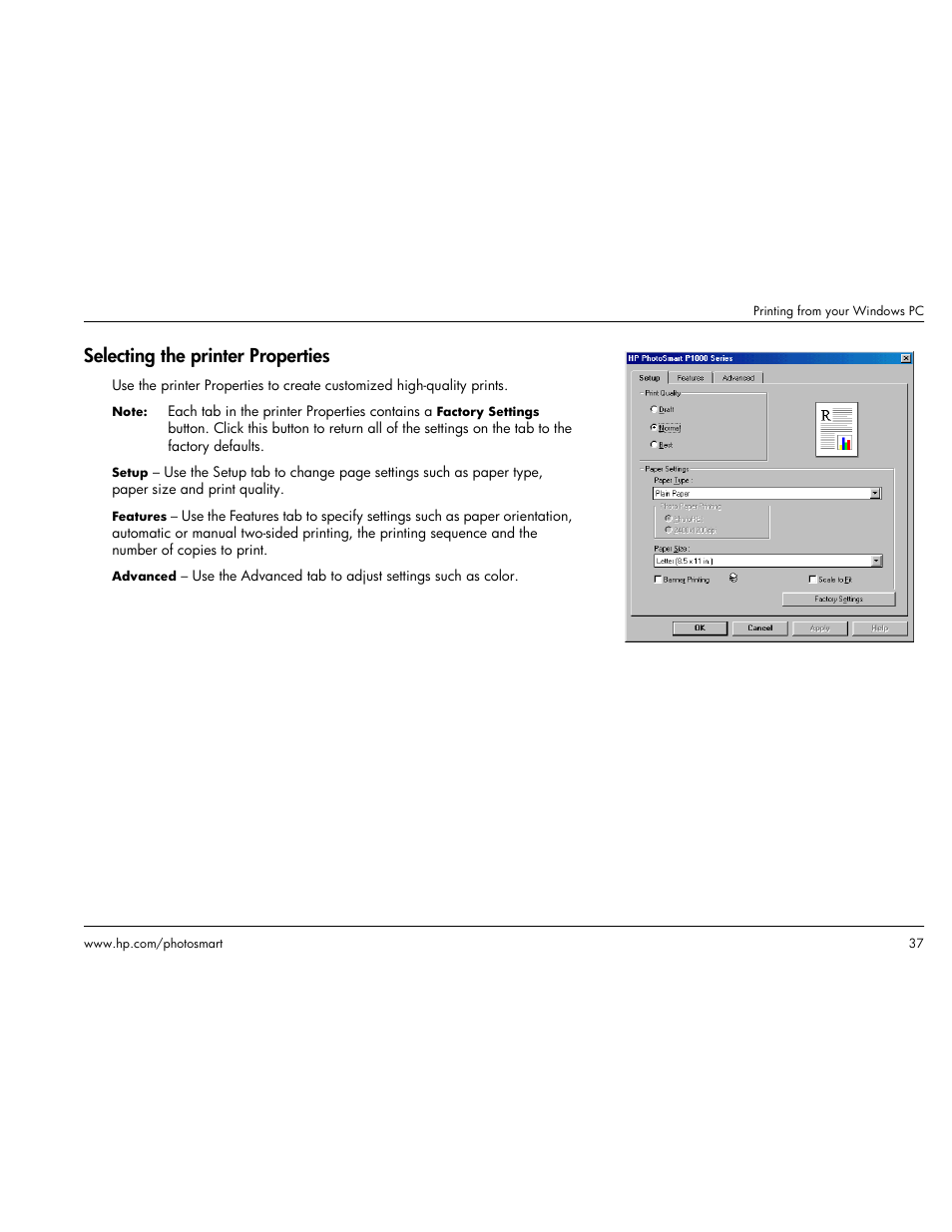 Selecting the printer properties | HP Photosmart p1000 1000 Printer User Manual | Page 43 / 113