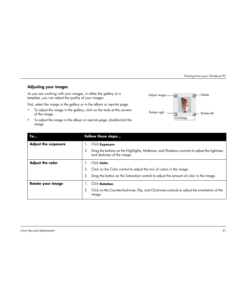 Adjusting your images | HP Photosmart p1000 1000 Printer User Manual | Page 47 / 113