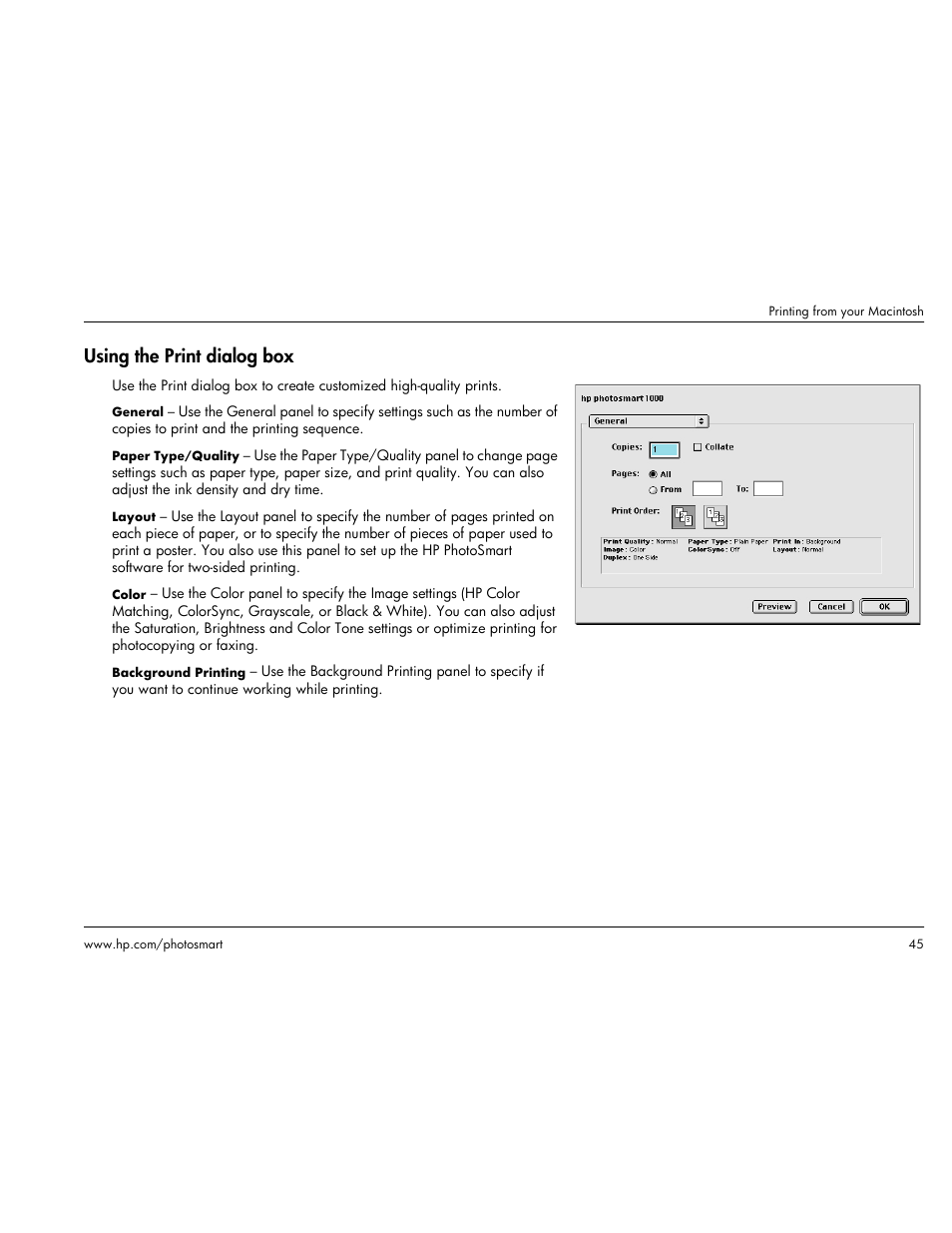 Using the print dialog box | HP Photosmart p1000 1000 Printer User Manual | Page 51 / 113