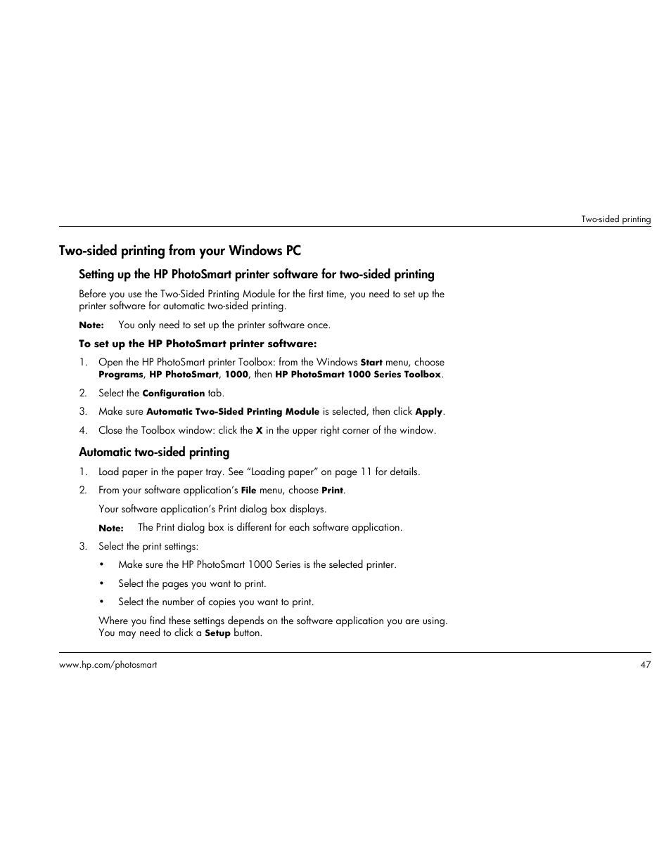 Two-sided printing from your windows pc, Ee “two, Automatic two-sided printing | HP Photosmart p1000 1000 Printer User Manual | Page 53 / 113