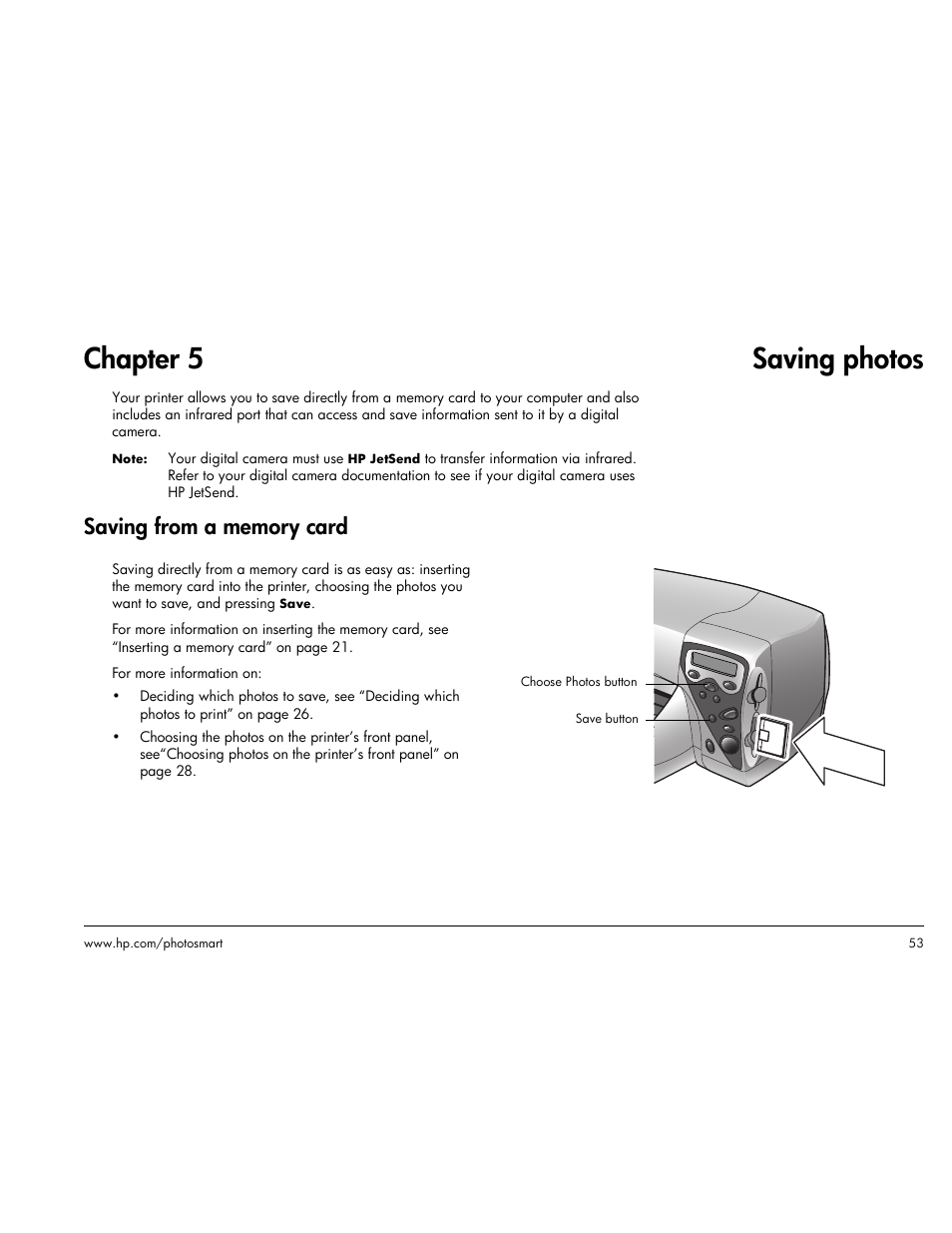 Chapter 5 saving photos, Saving from a memory card, Chapter 5 saving | HP Photosmart p1000 1000 Printer User Manual | Page 59 / 113