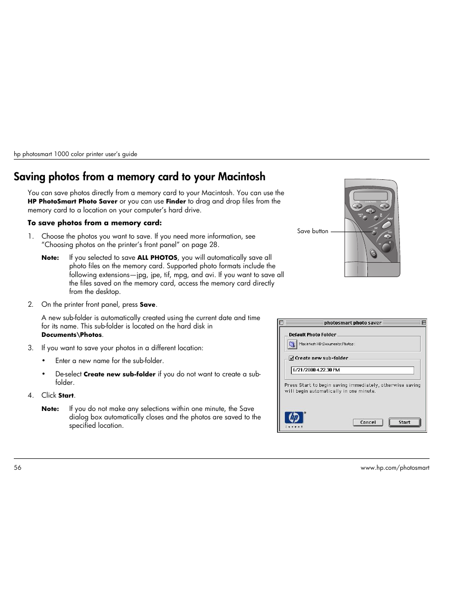 Saving photos from a memory card to your macintosh | HP Photosmart p1000 1000 Printer User Manual | Page 62 / 113