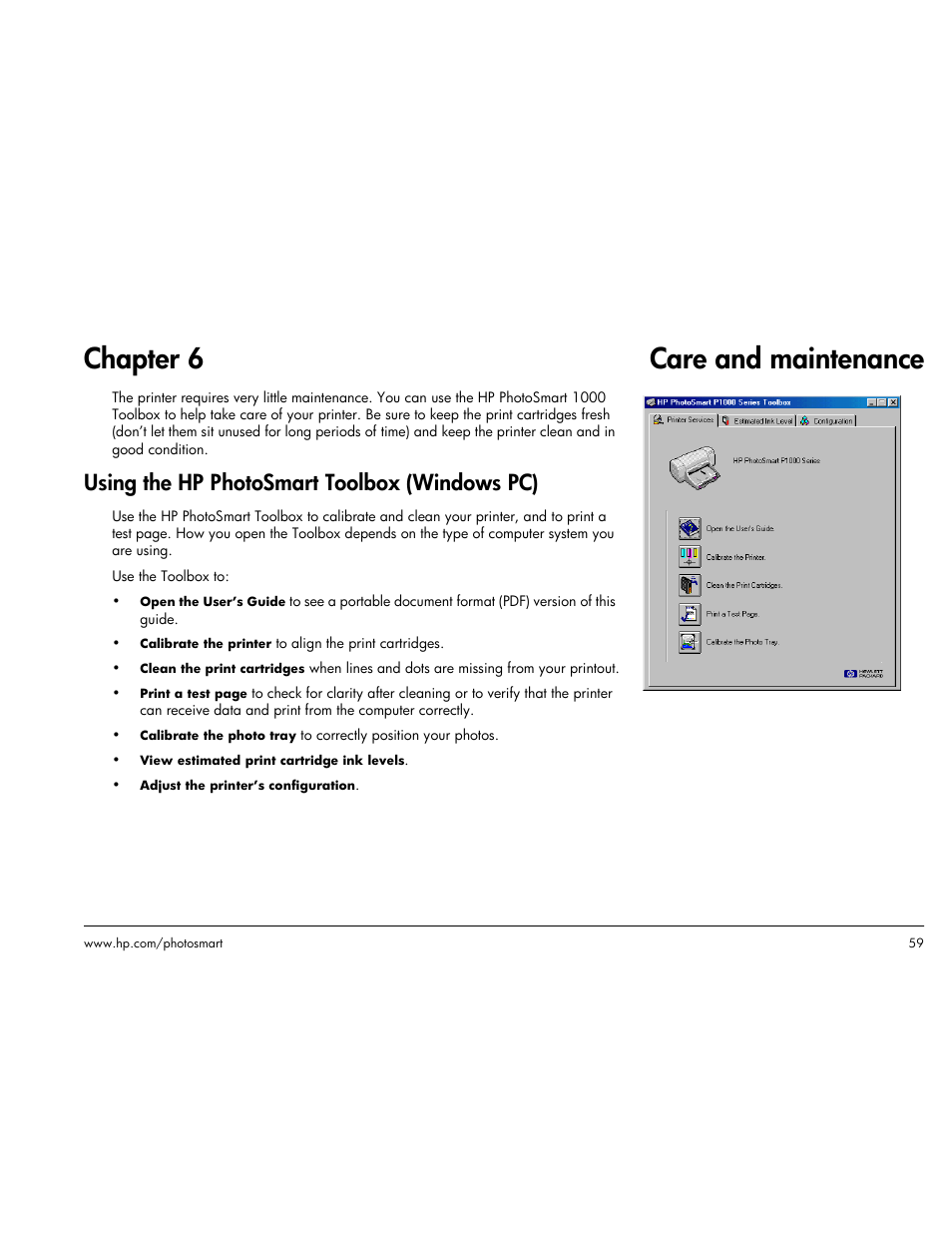 Chapter 6 care and maintenance, Using the hp photosmart toolbox (windows pc) | HP Photosmart p1000 1000 Printer User Manual | Page 65 / 113