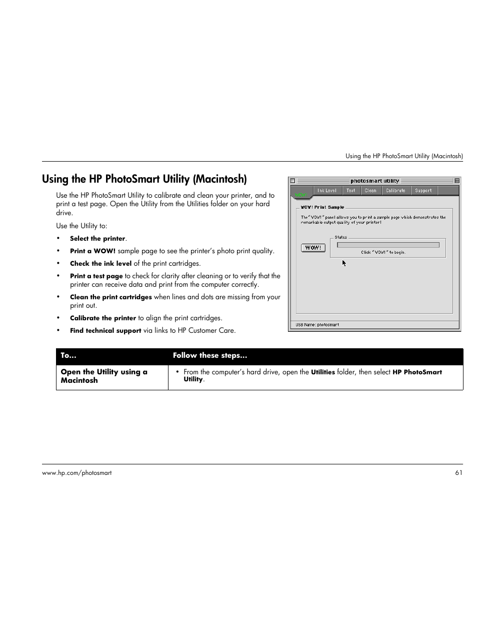 Using the hp photosmart utility (macintosh) | HP Photosmart p1000 1000 Printer User Manual | Page 67 / 113