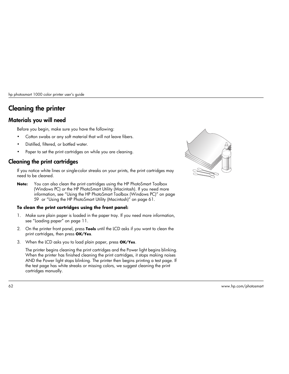 Cleaning the printer, Materials you will need, Cleaning the print cartridges | HP Photosmart p1000 1000 Printer User Manual | Page 68 / 113