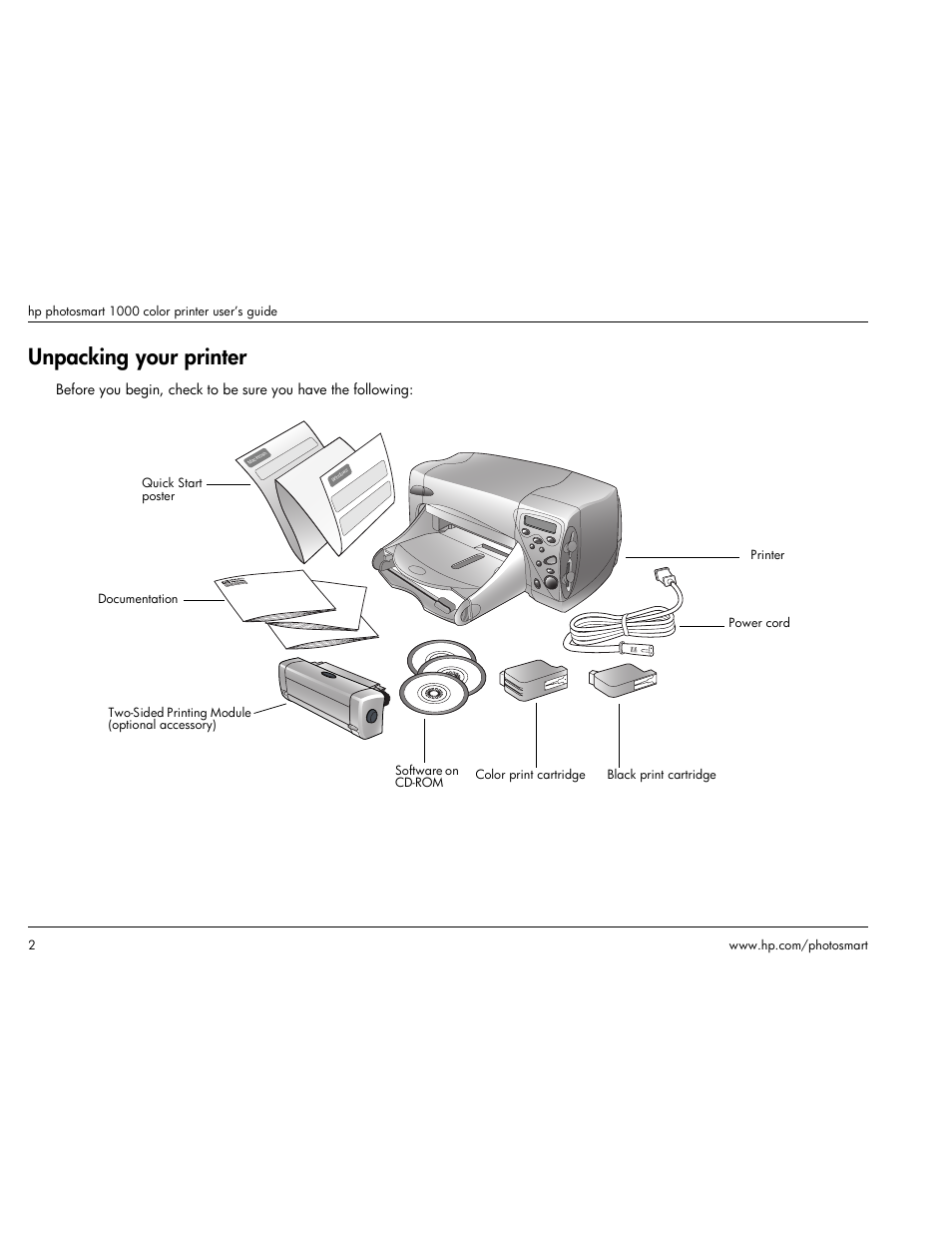 Unpacking your printer | HP Photosmart p1000 1000 Printer User Manual | Page 8 / 113