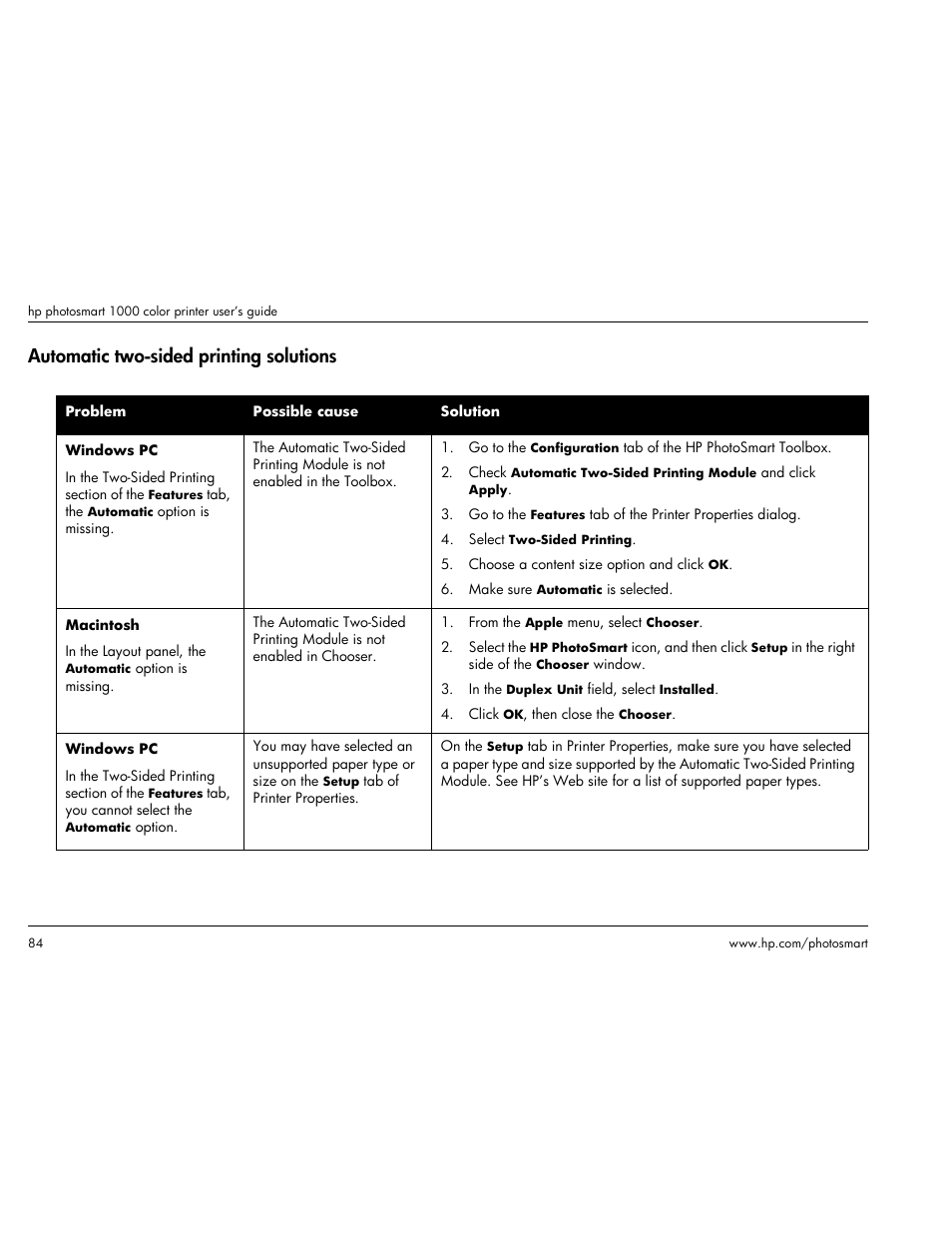 Automatic two-sided printing solutions, Automatic two-sided printing | HP Photosmart p1000 1000 Printer User Manual | Page 90 / 113