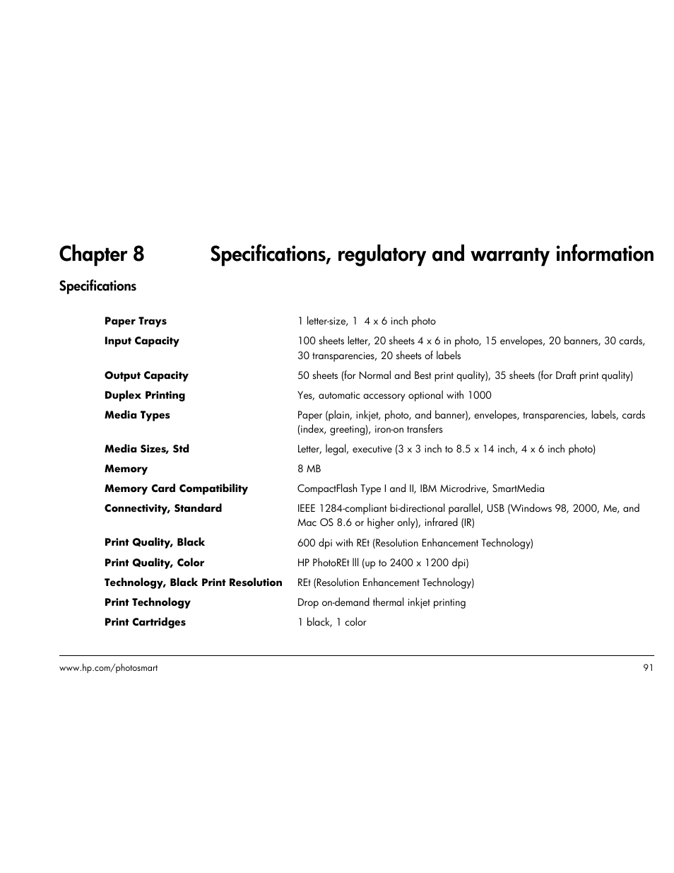 Specifications | HP Photosmart p1000 1000 Printer User Manual | Page 97 / 113