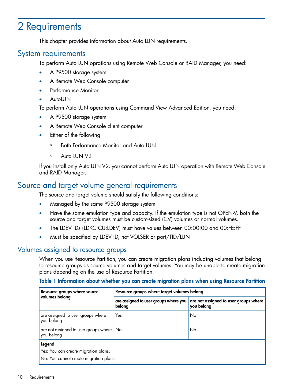 2 requirements, System requirements, Source and target volume general requirements | Volumes assigned to resource groups | HP XP P9500 Storage User Manual | Page 10 / 69