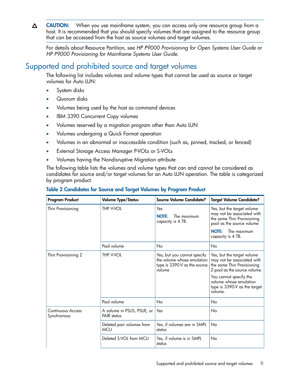 Supported and prohibited source and target volumes | HP XP P9500 Storage User Manual | Page 11 / 69