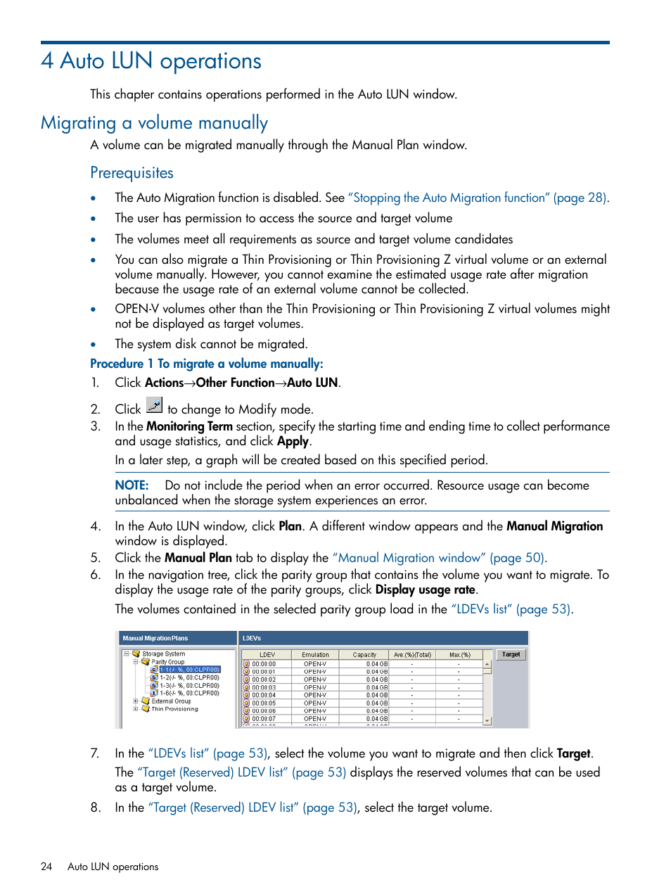 4 auto lun operations, Migrating a volume manually, Prerequisites | HP XP P9500 Storage User Manual | Page 24 / 69