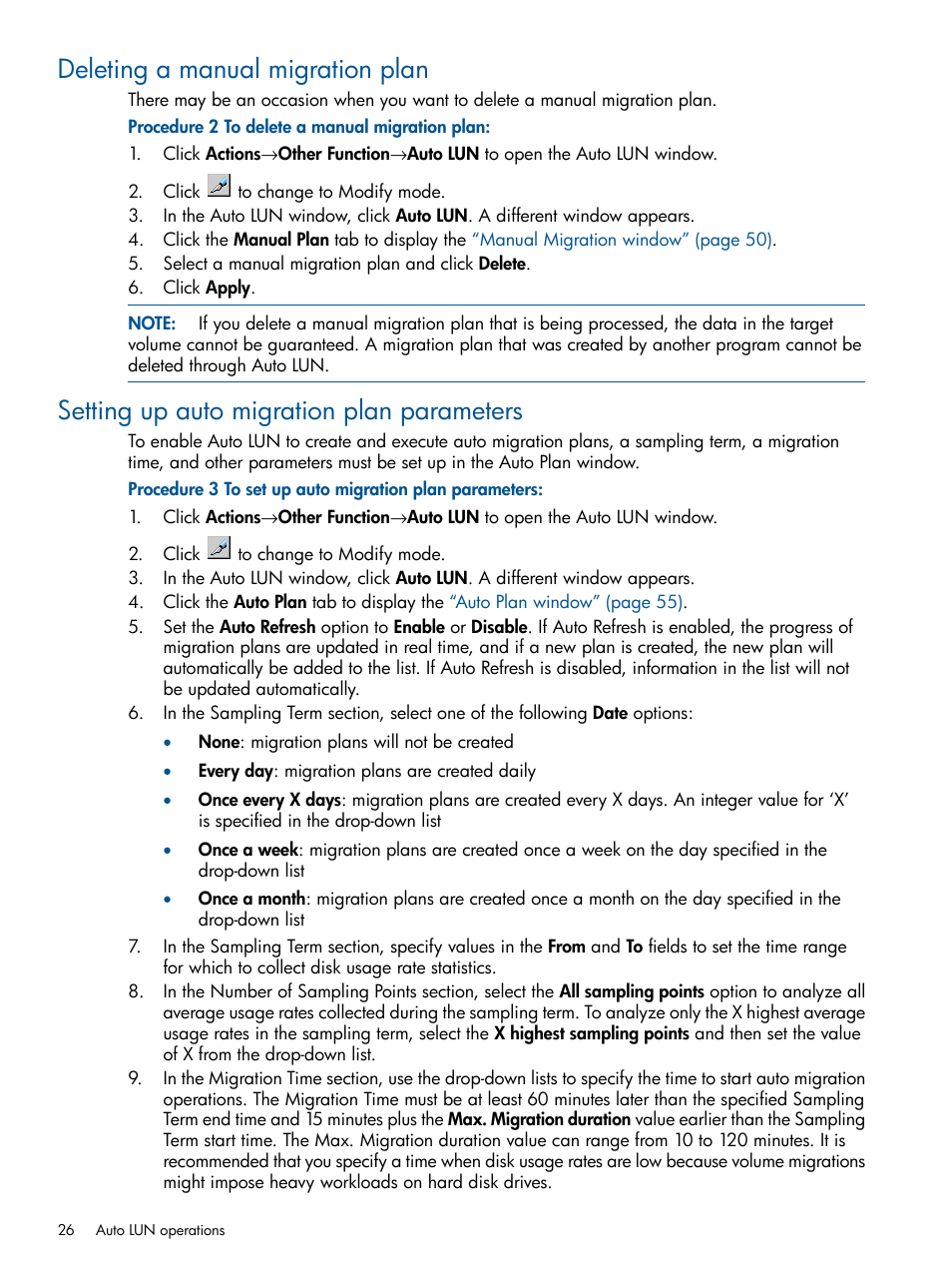 Deleting a manual migration plan, Setting up auto migration plan parameters | HP XP P9500 Storage User Manual | Page 26 / 69