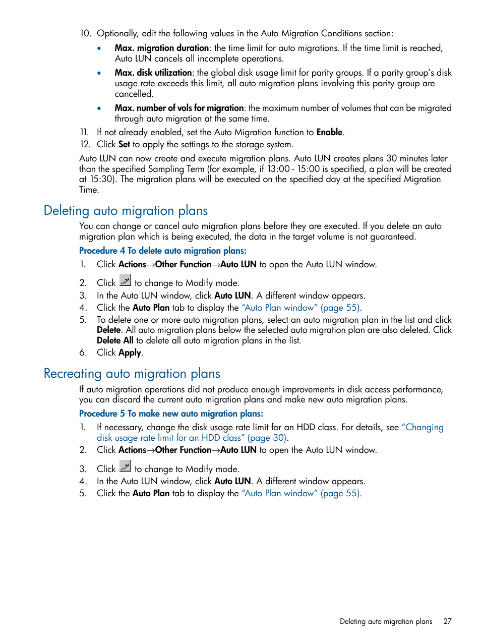 Deleting auto migration plans, Recreating auto migration plans | HP XP P9500 Storage User Manual | Page 27 / 69