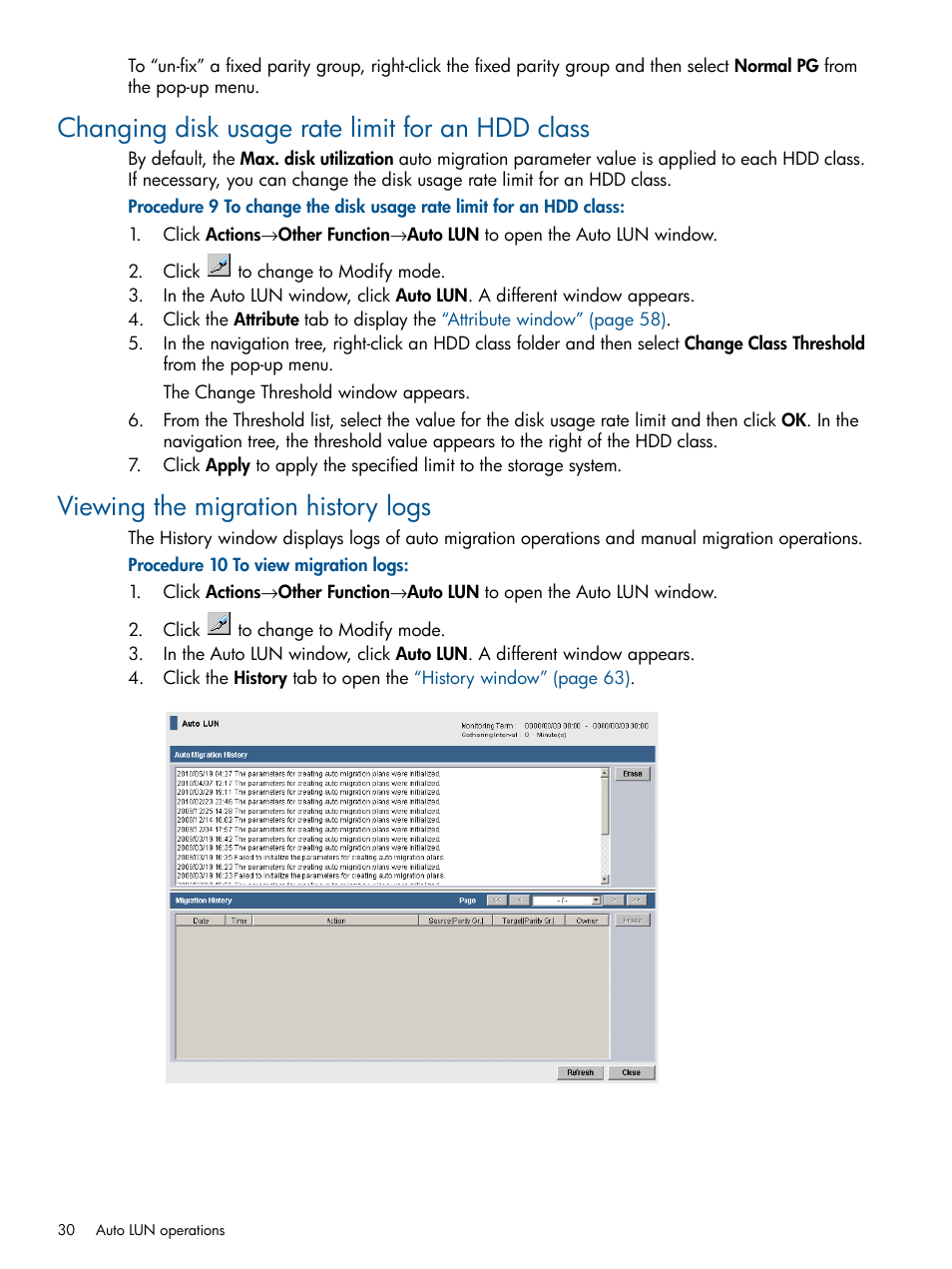 Changing disk usage rate limit for an hdd class, Viewing the migration history logs, Changing | HP XP P9500 Storage User Manual | Page 30 / 69